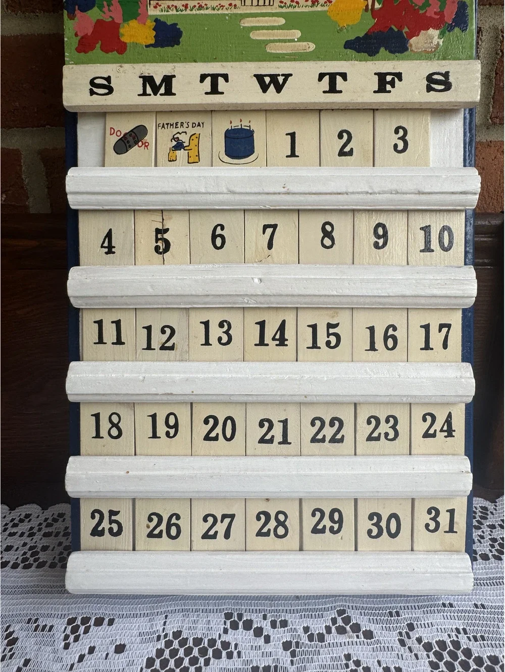 Vintage Wooden Perpetual Calendar with House Painting - COMPLETE